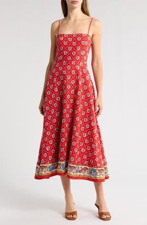 Wayf Josefina Scarf Print Linen Blend Midi Dress in Red Scarf at Nordstrom Rack, Size X-Large