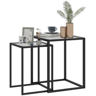 HOMCOM Nesting Tables Set of 2 - End Table with Tempered Glass Top - Black | TJ Hughes