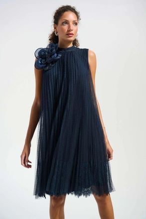 Joseph Ribkoff Signature | Mesh And Lace A-Line Dress With Organza Flower Detail in Midnight Blue at Nordstrom, Size 10