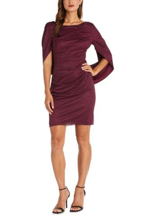 R & M Richards Shimmer Capelet Short Evening Dress In Merlot