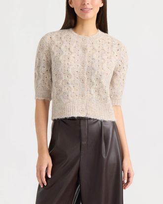 Ellen Tracy Womens Cable Knit and Pointelle Short Sleeve Cardigan