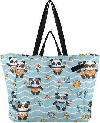 Generic Panda Wave Blue print Reusable Canvas Tote Bag, Heavy Duty Grocery Shopping Bag with Hard Bottom Double Handles Large Capacity Work Groceries Travel