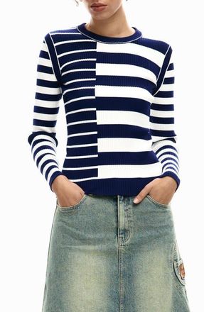 Desigual Stripe Rib Sweater in White/Blue at Nordstrom, Size X-Large