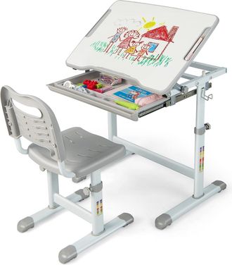 Costway Costway - Set Escritorio Y Silla Para Ni&ntilde;os, Set Mesa Con Altura Regulable Para Ni&ntilde;os Y Superficie Inclinable, Caj&oacute;n Extra&iacute;ble, Gancho De Metal, Set D