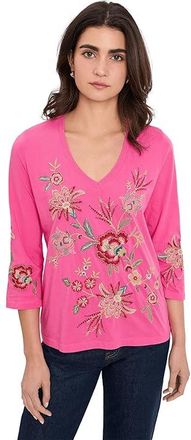 Johnny Was 3/4 Sleeve Trapunto V-Neck T-Shirts Womens Clothing Gin Fizz : SM, Cotton