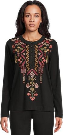 Johnny Was Mixed Media Henley T-shirt Womens Clothing Black : SM, Cotton