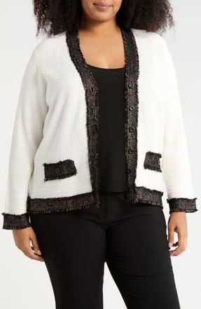 Adrianna Papell Fray Trim Waffle Knit Cardigan in Ivory/Black/Gold at Nordstrom Rack, Size 2X