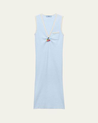 Prada V-Neck Beaded Charm Cotton Rib Dress