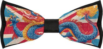 Generic Dragon On England Flag Bow Ties for Men Pre Tied Adjustable Clip On Necktie for Wedding Party
