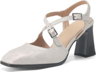 Generic Womens Square Toe Slingback Pumps Chunky Heel Double Ankle Strap Jacquard Fabric Cushioned Insole Comfortable Retro Style Dress Shoes for Daily Wear,W