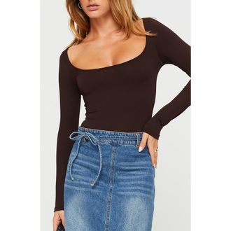 Princess Polly Ellery Wide Scoop Neck Long Sleeve Bodysuit in Brown at Nordstrom, Size 10