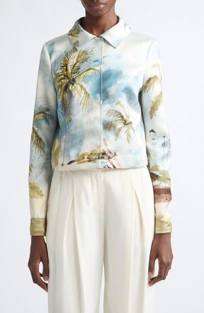 Oscar De La Renta Dominican Landscape Crop Satin Jacket in Blue Green Mult at Nordstrom, Size 10