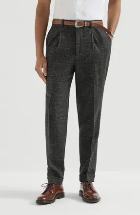 Brunello Cucinelli Silk, wool and cashmere Prince of Wales flannel trousers with pleat in Anthracite at Nordstrom, Size 46
