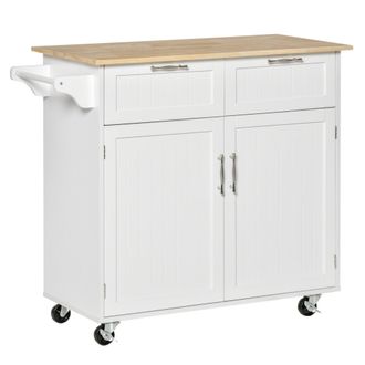 HOMCOM Modern Rolling Kitchen Island Storage Kitchen Cart Utility Trolley with Rubberwood Top - 2 Drawers - White Drawers - homcom | TJ Hughes