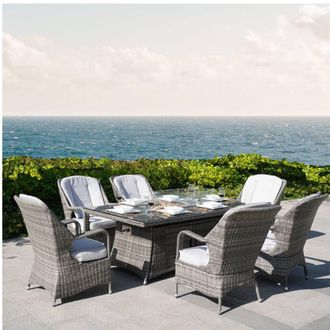 Direct Wicker Outdoor 7-Piece Dining Set with Fire Pit Table in Grey | Size: 6 Person