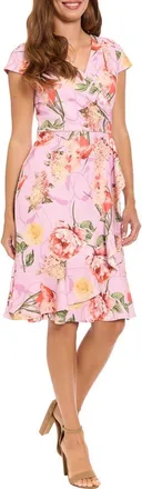 London Times Floral Cap Sleeve Ruffle Hem Fit & Flare Dress in Sea Pink/Coral at Nordstrom Rack, Size 10P