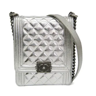 Chanel North South Boy Flap Quilted Metallic Calfskin Silver Leather Handbag (Pre-Owned)