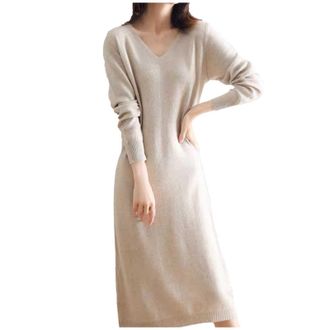 Generic Long Sleeve V-Neck Wool Knit Dress for Women French Style Long Layered Dress for Winter Cosy Warm Casual Maxi Dress Glitter Suit Women, beige, XL
