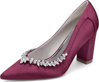 Generic Womens Chunky Heels Pumps Bridal Rhinestones Pointed Toe High Heels Wedding Party Dress Slip on Pumps Shoes 8.5Cm,Burgundy,10 UK