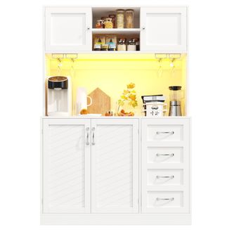 STILVORA Aparador De Cocina Con 4 Puertas, 2 Cajones, Estante Para Snacks, Botellero Y Led, En Mdf, 120x40x188 Cm, Blanco