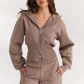 Lounge Getailleerde hoodie met ritssluiting - Mushroom - XXL