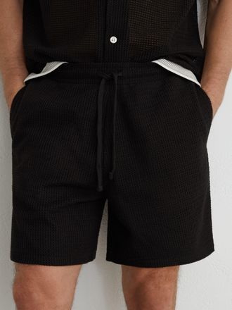 Reiss Black Cotton-blend Side-tape Crochet Shorts, XL