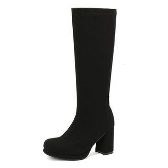 Generic Womens Knitted Block Heel Round Toe Knee High Boots Slip On Comfort Versatile Winter Shoes (Black,5.5)