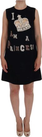 Dolce & Gabbana Zwarte Wol Prinsessenjurk met Kristallen - Dames - Korte kleedjes - Zwart - XL - Wol - Kleedjes