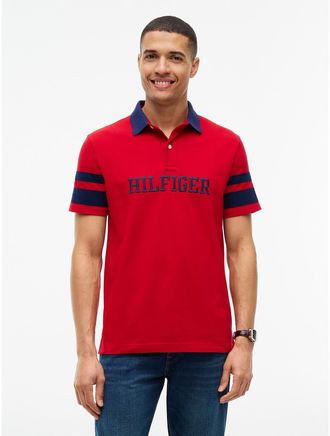 Tommy Hilfiger Mens Regular Fit Varsity Stripe Logo Polo - Medium Red - XXXL
