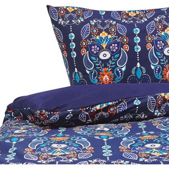 Beliani Conjunto De Fundas Y Almohada Algod&oacute;n Azul Oscuro 155 X 220 Cm Estampado Floral Juego De Edred&oacute;n De Lino Dormitorio Moderno Madrona