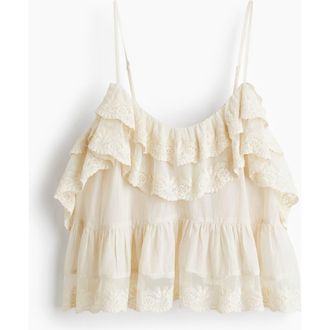 H&M Embroidered Flounced Top in Cream at Nordstrom, Size Medium
