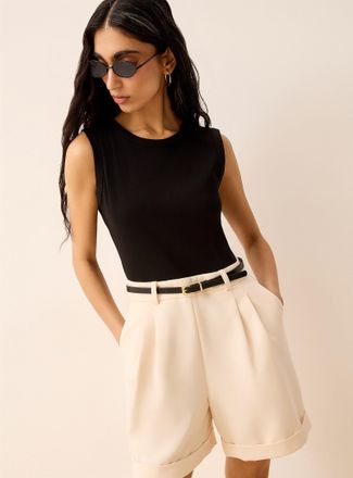 Icone Womens Belted mixed media sleeveless romper