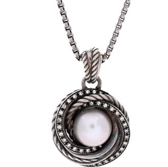 David Yurman Crossover Pendant Necklace Sterling Silver with Pearl and Diamonds 10mm