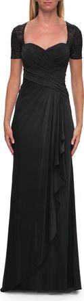 La Femme Ruched Lace Bodice Gown with Draped Skirt in Black at Nordstrom, Size 14
