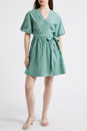 FRNCH Sossio Stripe Puff Sleeve Wrap Dress in Vert Rivage at Nordstrom, Size X-Small