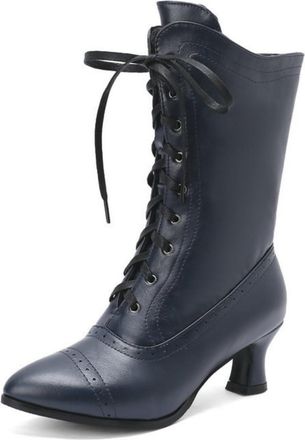Generic Womens Two-Tone 5.5cm Kitten Heel Lace-Up Mid-Calf Boots for Autumn and Winter,Blue,1.5 UK