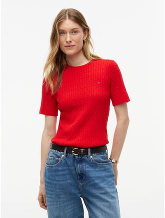 Tommy Hilfiger Womens Short-Sleeve Cable Knit Sweater - Deep Crimson - XXL