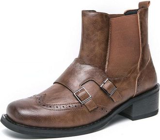 Generic Mens Pull on Chelsea Ankle Boots Low Block Heel Brogue Boots Square Toe PU Leather Casual Short Boot,Brown,5.5 UK