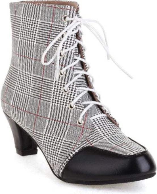 Womens Plaid Lace Up Ankle Boots Retro Kitten Heels Round Toe Booties Comfortable Stylish for Party Cosplay Daily Casual Wear,Black,7.5 UK