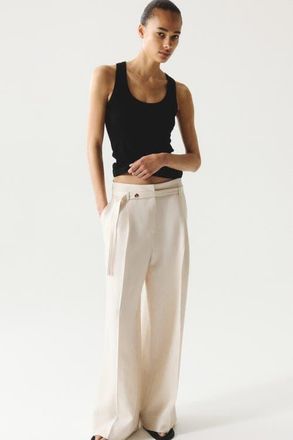H&M Wide-leg Pants With Belt in Cream at Nordstrom, Size 16