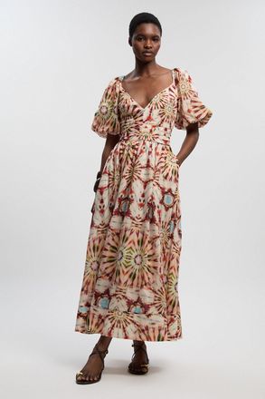 Karen Millen Womens Tile Print Silk Cotton Volume Sleeve Woven Maxi Dress - Multicolour - Size 16 UK