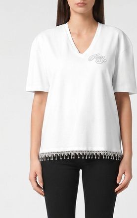 Philipp Plein T-shirt in cotone con scollo a V, logo in strass e orlo sfrangiato