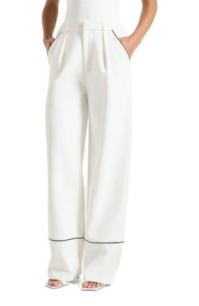 Mani&egrave;re De Voir Mina Contrast Piped Pleated Trousers in White/black at Nordstrom, Size 14