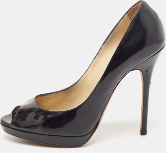 Jimmy Choo London Black Patent Leather Cosmic Peep Toe Pumps