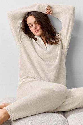 Alo | Wool Cashmere New Class 1/4 Zip Pullover Top in Oatmeal Heather Beige, Size: Medium