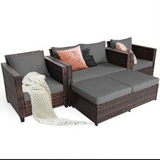 Costway Costway 6-Seater Rattan Garden Furniture Set Patio Conversation Set in Grey