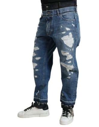 Dolce & Gabbana Blue Tattered Cotton Men Denim Jeans Elastane Clothing