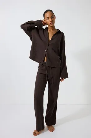 H&M Cotton Muslin Pajamas in Dark Brown at Nordstrom, Size X-Small