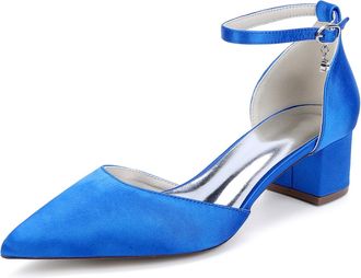 Generic Bridal Bridesmaid Wedding Shoes Womens Pointed Toe Ankle Strap Heels Block Heel Prom Party Dress Rhinestone Low Heels 4.5Cm,Royal Blue,10 UK