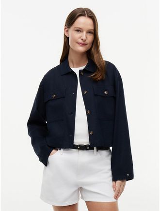 Tommy Hilfiger Womens Linen-Blend Cropped Shirt Jacket - Navy Blue - XXL